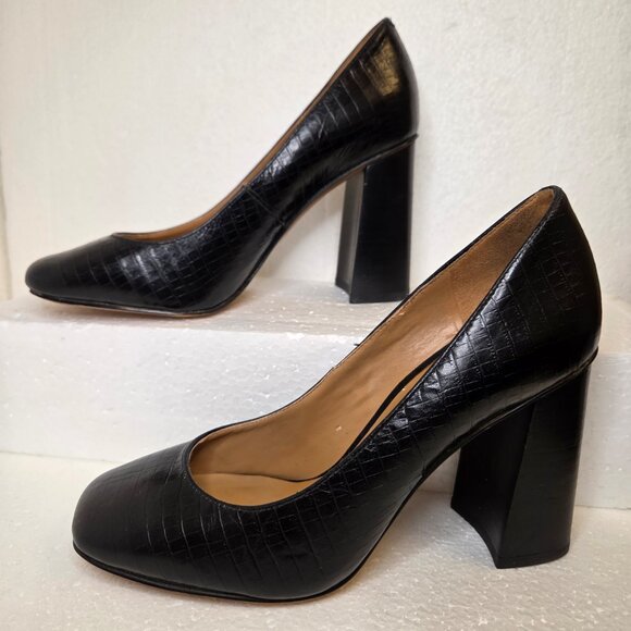 Nine West Begonia Women’s Black Leather Crocodile Block Heel Pumps Shoes - 6 - Picture 4 of 12